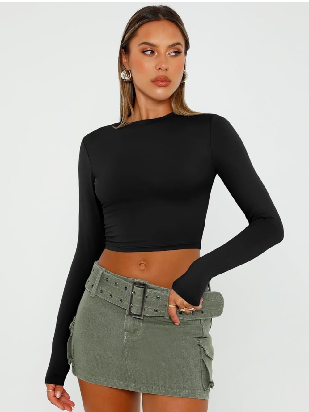 Black Long-Sleeve Crop Top - Classic Slim Fit